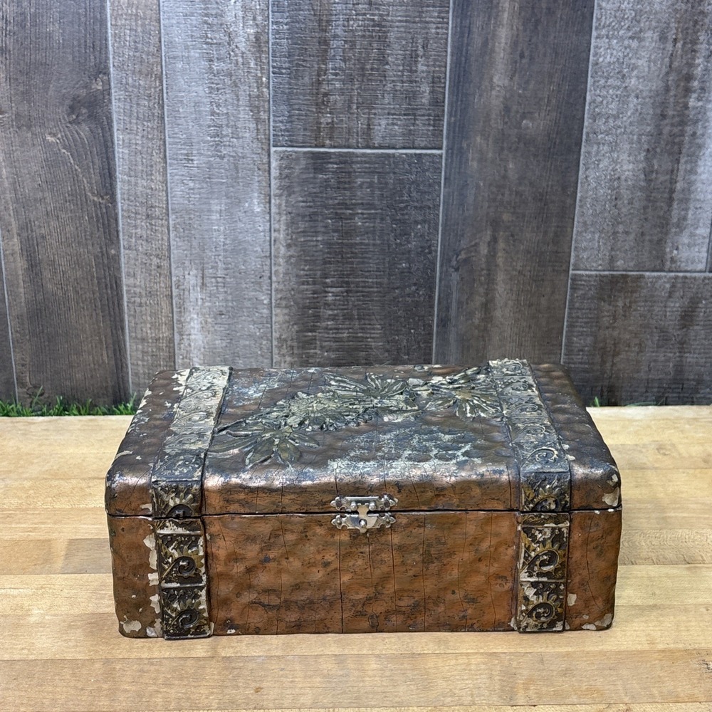 Vintage Hammered Copper Clad Wood Jewelry Box Floral Pink Interior Trinket